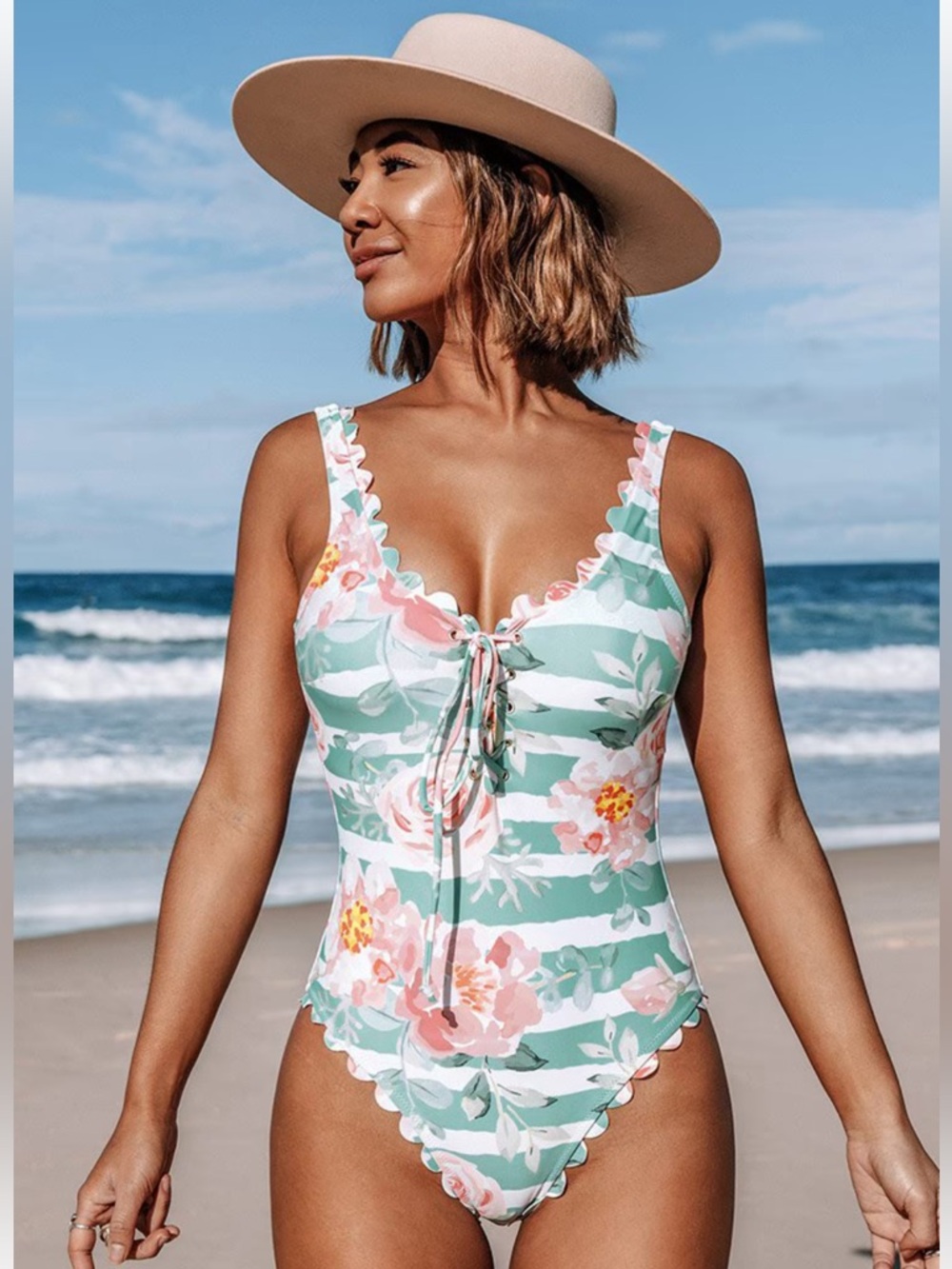 Floral and Striped Scalloped One Piece Swimsuit
